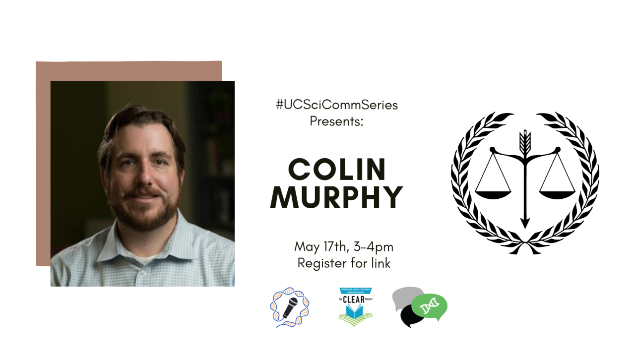 Banner advertising Colin Murphy's event. A picture of Colin is on the left against a white background, with black text describing in the event in the middle. On the right, a cartoon of judgement scales in a wreath of laurels.