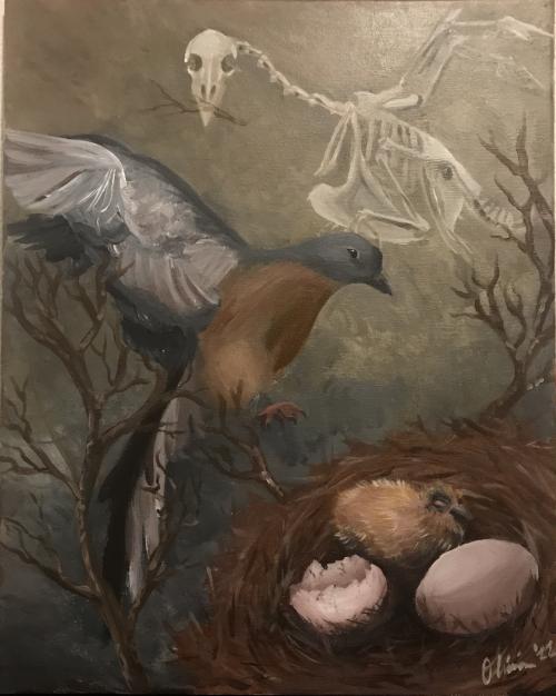 Painting of passenger pigeons hovering over a nest with eggs. A skeletal pigeon looms in the background