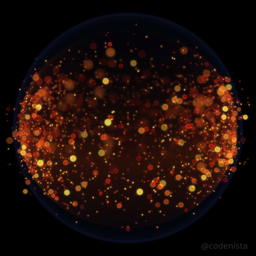 Computer generated image of fire in microgravity. A black background with red, yellow and orange hued spheres of fire.