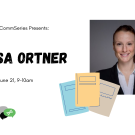 Banner advertising Teresa Ortner's event. White background with a picture of Teresa and a cartoon of three stacked notebooks. Black text describes the event. Logos of the three organizations are also included.